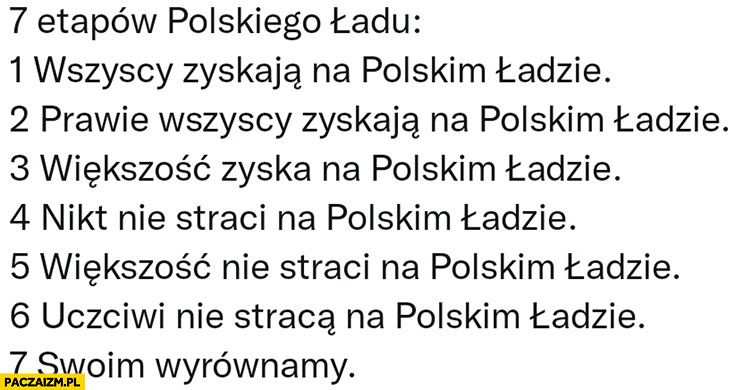 7 etapów polskiego ładu: wszyscy zyskają, prawie wszyscy, większość, nikt nie straci, większość, uczciwi, swoim wyrównamy