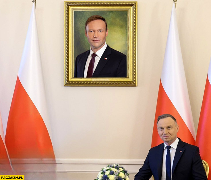 Andrzej Duda Marcin Mastalerek zdjęcie obraz wisi na ścianie w gabinecie