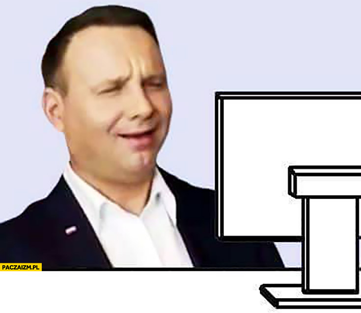 Andrzej Duda śmieje się przy monitorze mem przeróbka