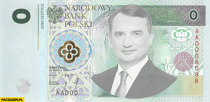 Banknot 100 zł przerobiony na 0 zł zero Zbigniew Ziobro