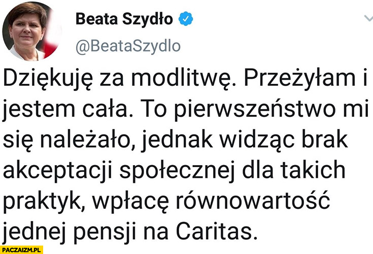 Beata Szydło dziękuję za modlitwę to pierwszeństwo mi się należało tweet twitter