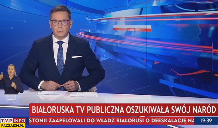 Białoruska telewizja publiczna oszukiwała swój naród pasek Wiadomości TVP
