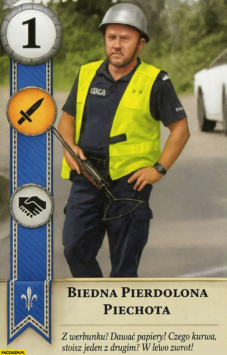 Biedna pierdzielona piechota policjant z szarym kaskiem Limanowa