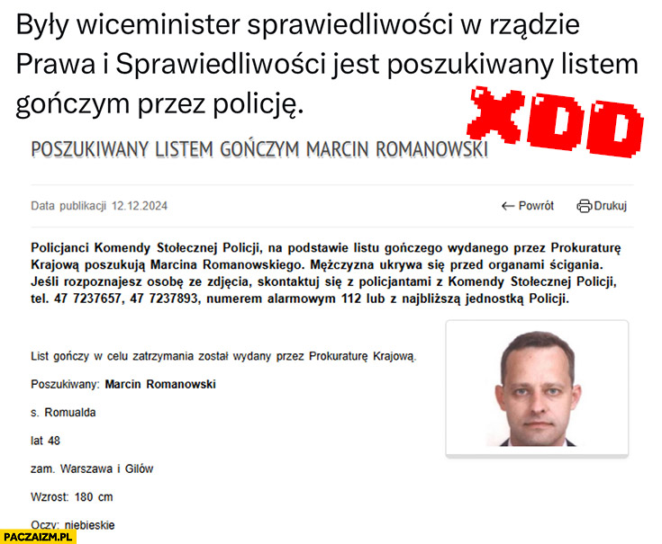 Były wiceminister sprawiedliwości w rządzie PiS jest poszukiwany listem gończym przez policję