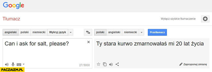 Can I ask for salt please? Tłumaczenie Ty stara kurno zmarnowałaś mi 20 lat życia Google tłumacz translate