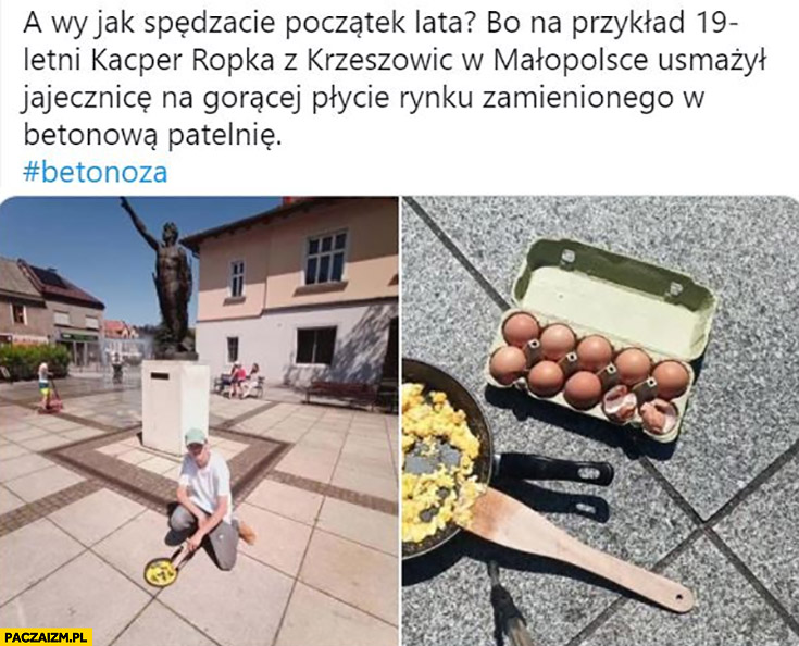 Chłopak Kacper Ropka z Krzeszowic usmażył jajecznice na gorącej płycie rynku zamienionego w betonową patelnię