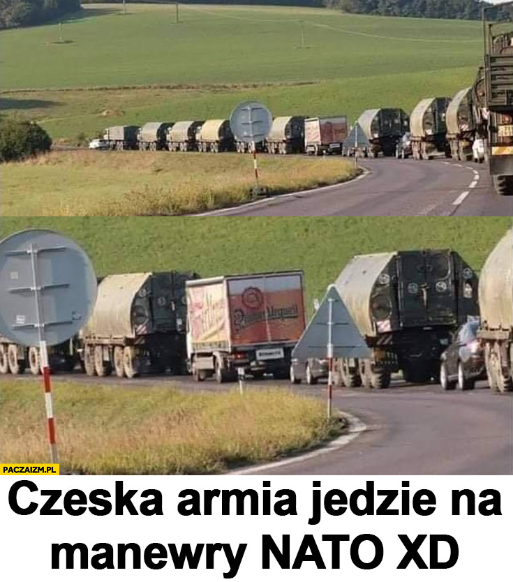 Czeska armia jedzie na manewry NATO ciężarówka z piwem w kolumnie wojskowej