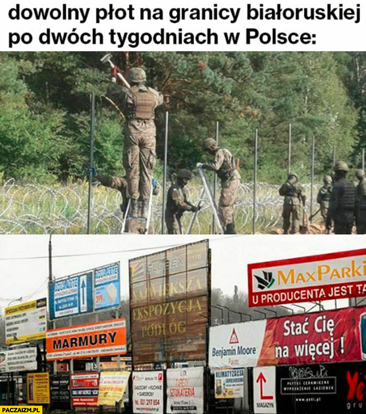 Dowolny płot na granicy białoruskiej po dwóch tygodniach w Polsce cały obwieszony reklamami banerami