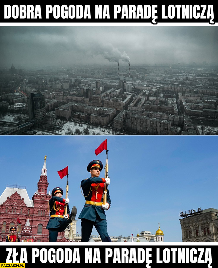 Dzień zwycięstwa dobra pogoda na paradę lotnicza vs zła pogoda bezchmurne niebo Rosja Moskwa