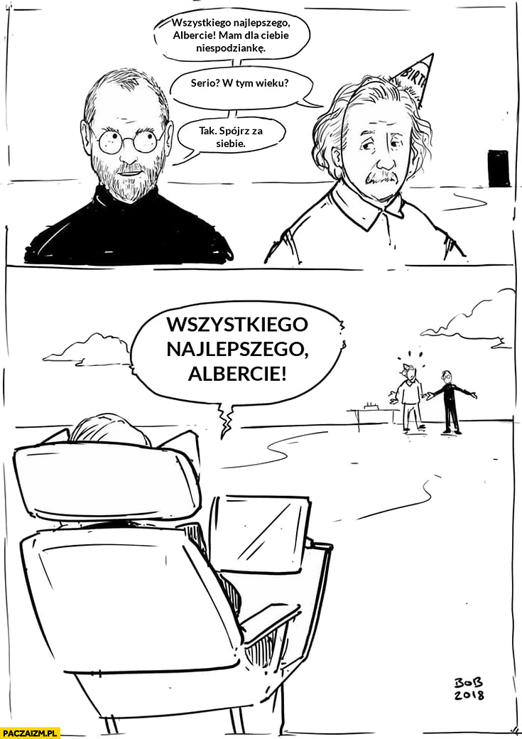 Einstein wszystkiego najlepszego mam dla Ciebie niespodziankę Hawking w niebie Steve Jobs komiks
