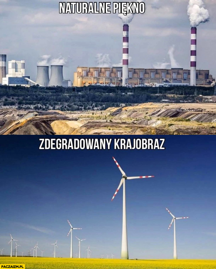 Elektrownia węglowa naturalne piękno, wiatraki zdegradowany krajobraz
