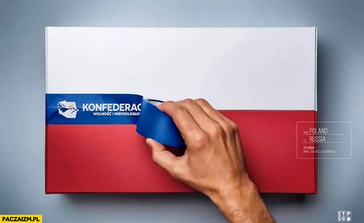 Flaga polski niebieska taśma konfederacja zamienia się w rosyjska