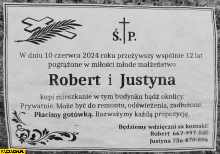 Fliperzy flipperzy nekrolog ogłoszenie Robert i Justyna kupią mieszkanie