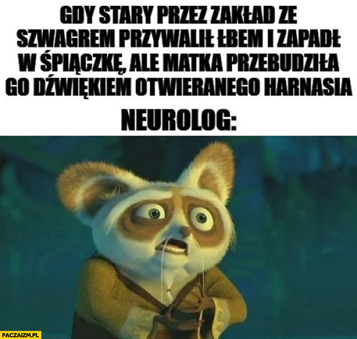 Gdy stary przez zakład ze szwagrem przywalił łbem i zapadł w śpiączkę ale matka przebudziła go dźwiękiem otwieranego Harnasia, neurolog reakcja