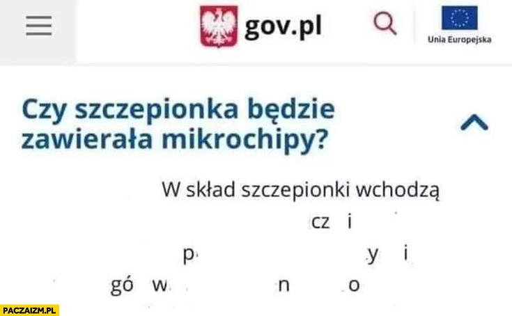 Gov.pl czy szczepionka będzie zawierała mikrochipy? Odpowiedź w skład szczepionki wchodzą czipy i gówno