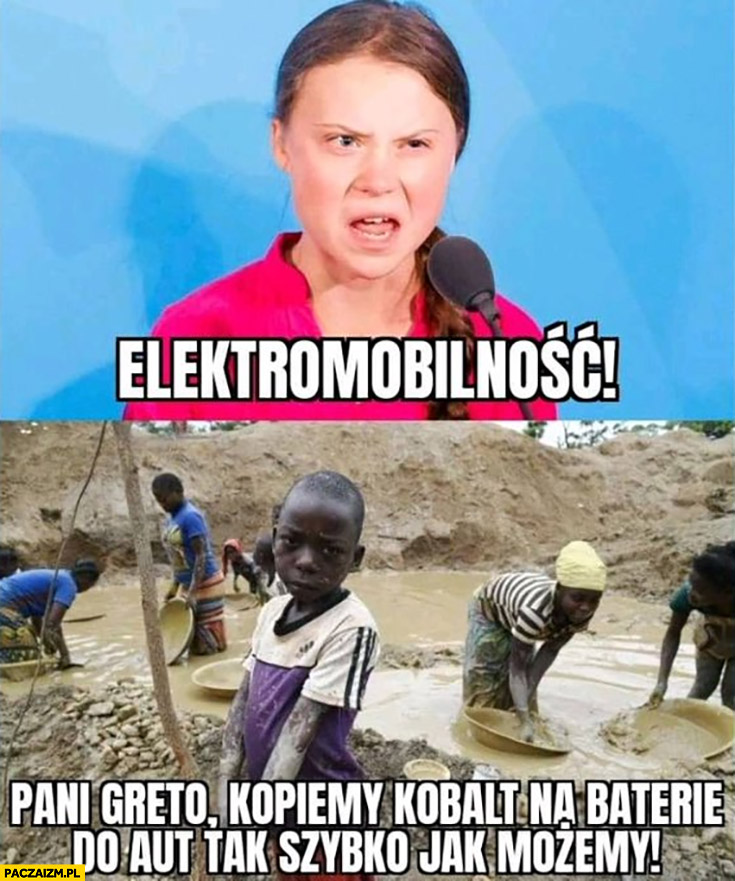Greta Thunberg elektromobilność pani Greto kopiemy kobalt na baterie do aut tak szybko jak możemy biedne dzieci