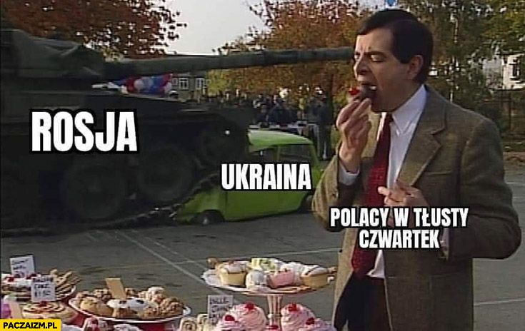 Jaś Fasola je pączka Polacy w tłusty czwartek w tle Rosja Ukraina czołg rozjeżdża mini