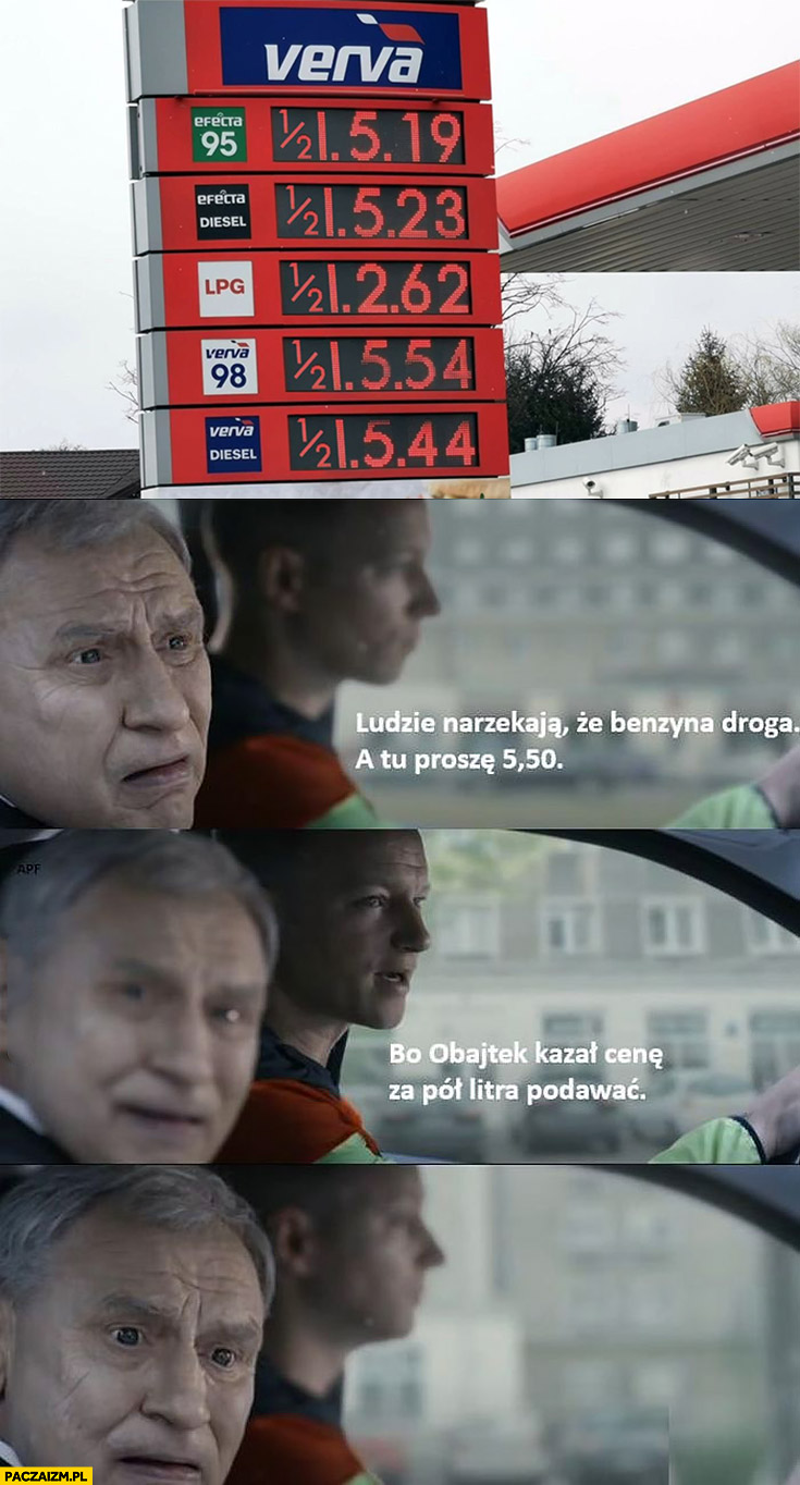 Kaczyński ludzie narzekają, że benzyna droga a tu 5,50 bo Obajtek kazał cenę za pół litra podawać