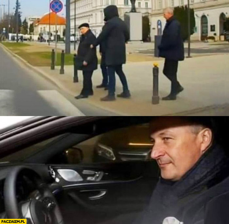 Kaczyński przechodzi przez pasy auto prowadzi Hajto kierowca