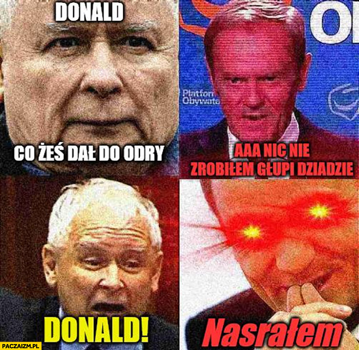 Kaczyński Tusk Donald co żeś dał do Odry, nic nie zrobiłem głupi dziadzie nasrałem
