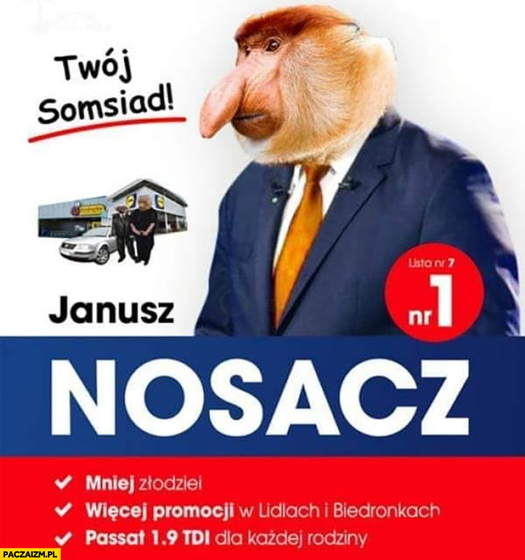 Kandydat polityczny Janusz nosacz mniej złodziei, więcej promocji Passat dla każdego