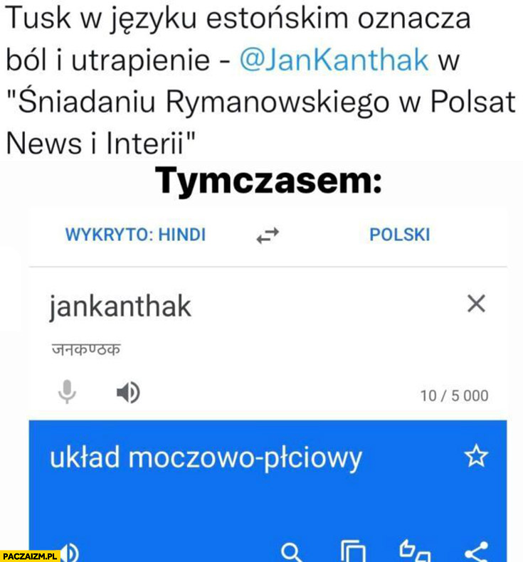 Kanthak mówi, że Tusk w Estońskim to ból i utrapienie tymczasem Jan Kanthak w hindi to układ moczowo-płciowy