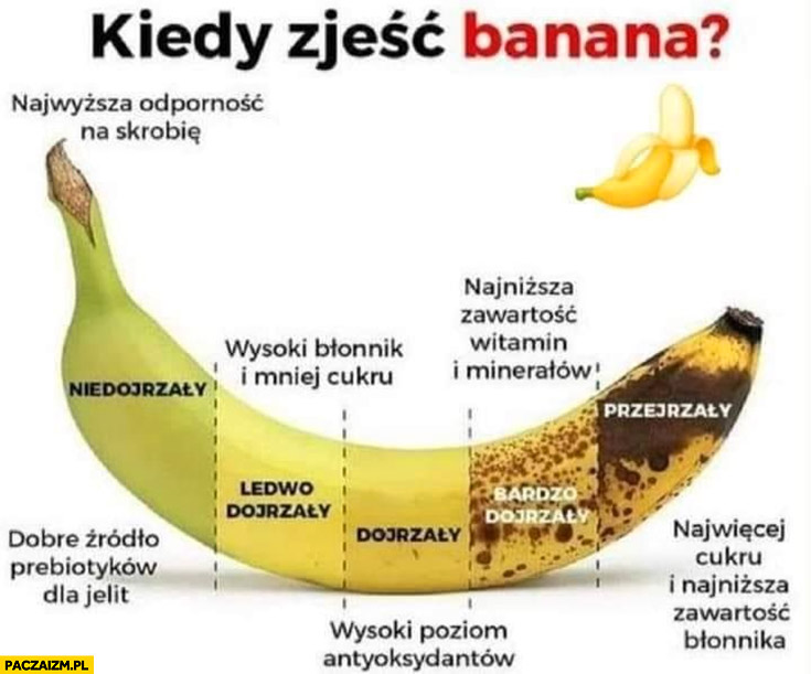 Kiedy zjeść banana infografika niedojrzały, dojrzały zielony żółty czarny