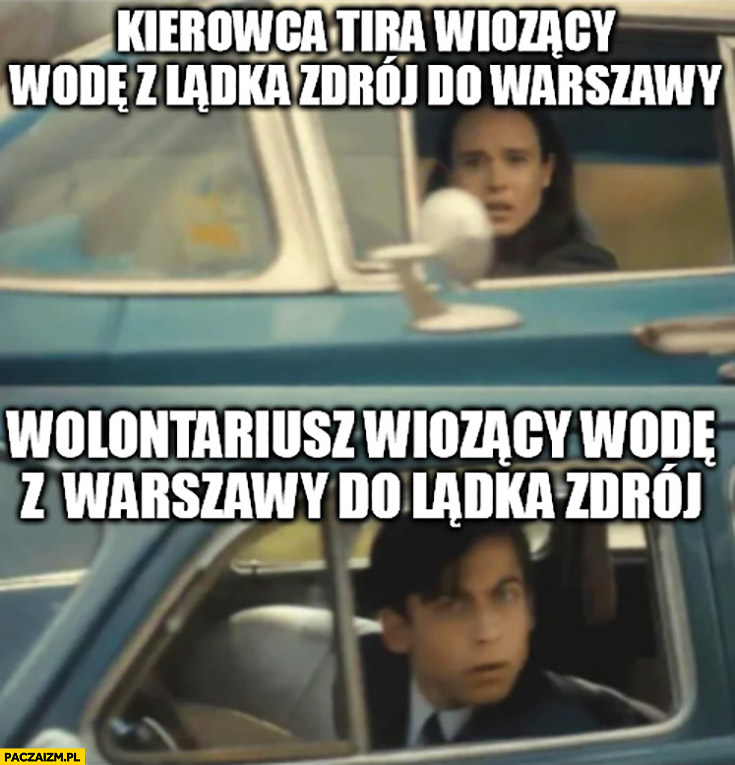 Kierowca TIRa wiozący wodę z Lądka-Zdrój do Warszawy mija wolontariusza z Warszawy do Lądka-Zdrój