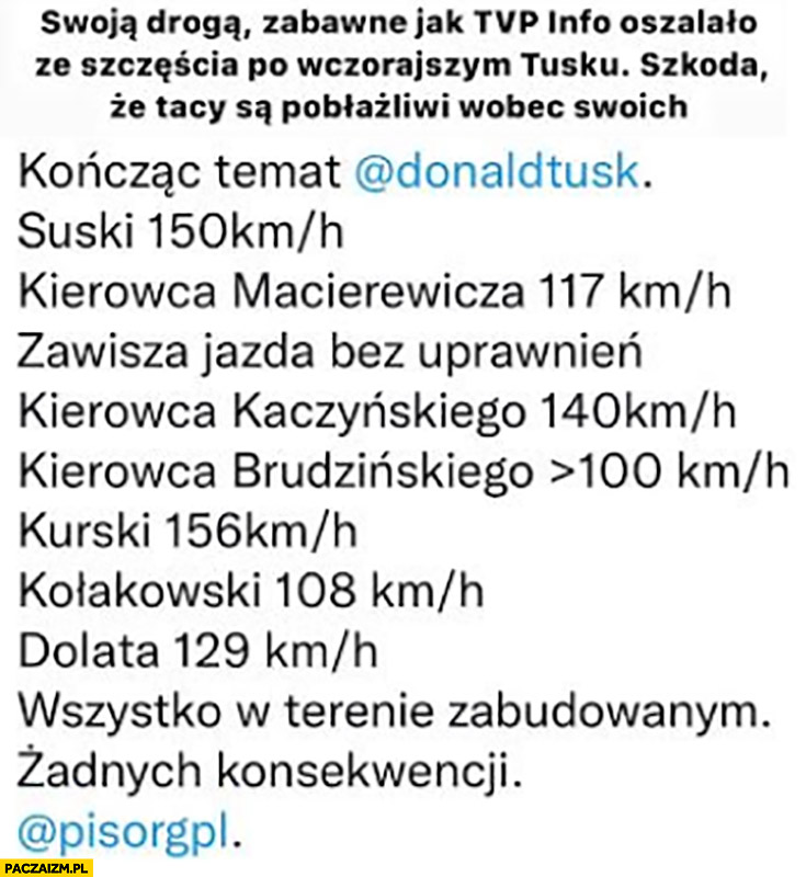 Kończąc temat przekroczenia prędkości przez Tuska: Suski 150, Macierewicz 117, Kaczyński 140, Kurski 156 w terenie zabudowanym żadnych konsekwencji