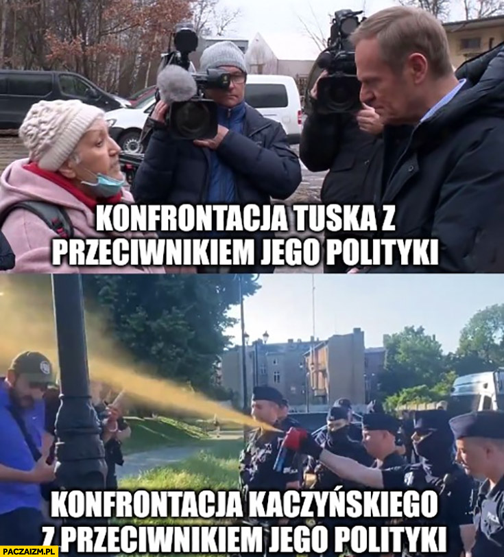 Konfrontacja Tuska z przeciwnikiem jego polityki vs konfrontacja Kaczyńskiego policja gaz pieprzowy