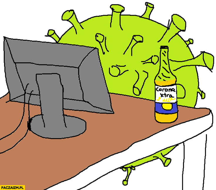 Korona wirus z piwem Corona siedzi przed komputerem rysunek