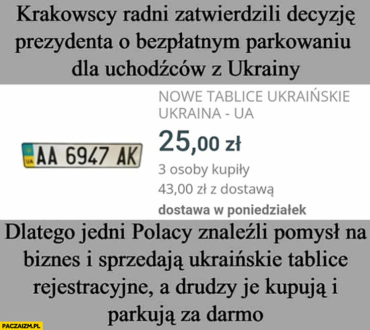 Krakowscy radni przegłosowali darmowe parkowanie dla uchodźców z Ukrainy, Polacy biznes sprzedają Ukraińskie tablice rejestracyjne