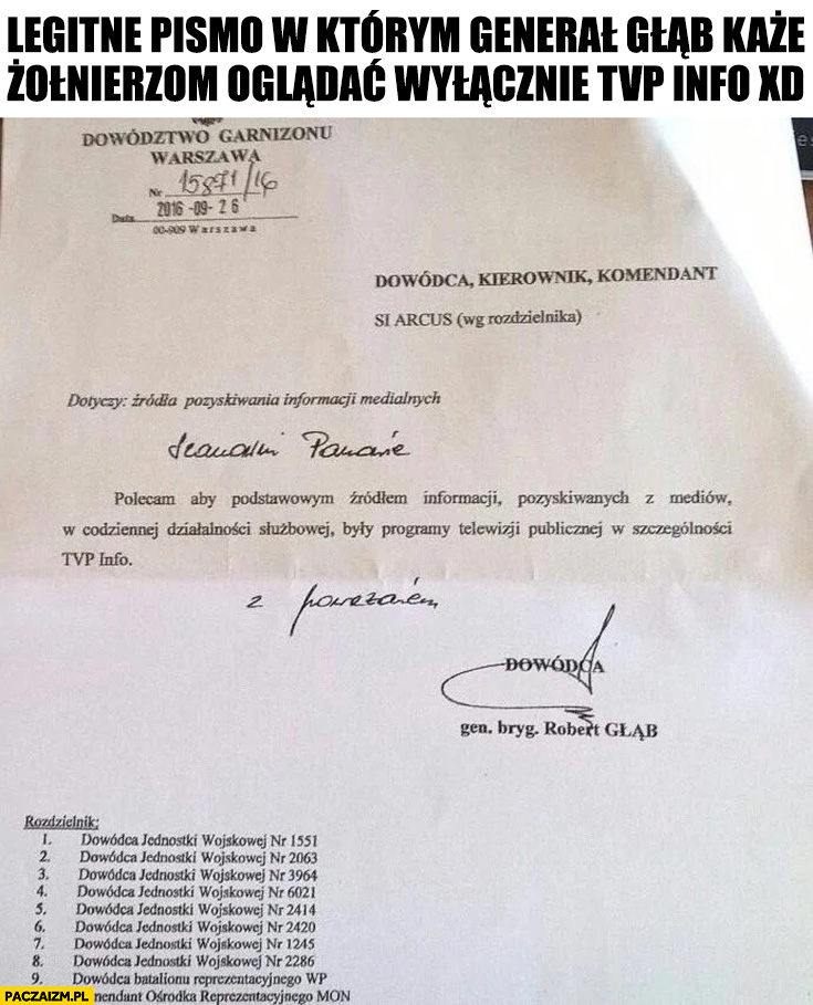 Legitne pismo w którym generał Głąb każe żołnierzom oglądać wyłącznie TVP info