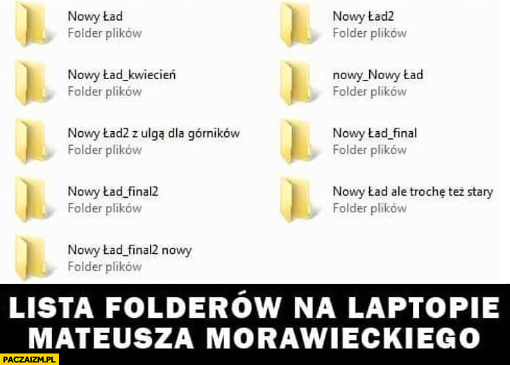 Lista folderów na laptopie Mateusza Morawieckiego polski nowy ład wariacje
