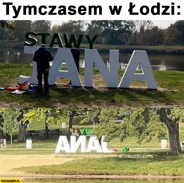 Łódź napis Stawy Jana Anal od drugiej strony