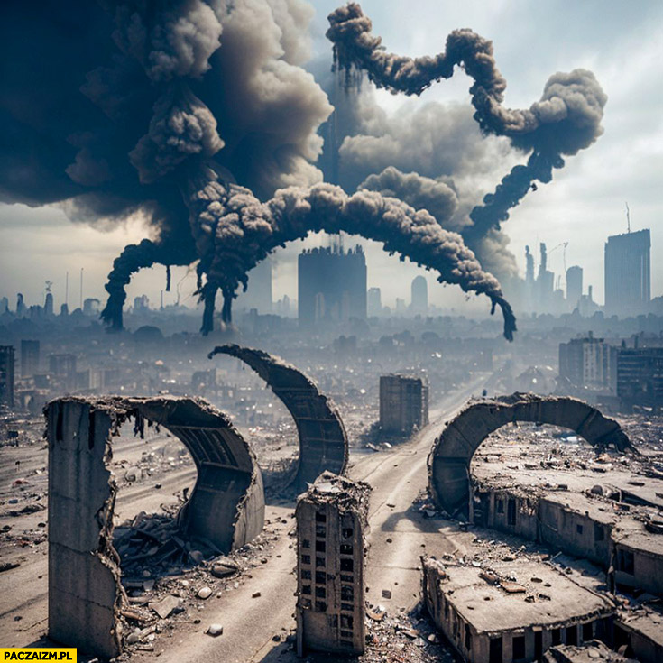 Logo PiS ruiny kataklizm zniszczone miasto AI Prawo i Sprawiedliwość