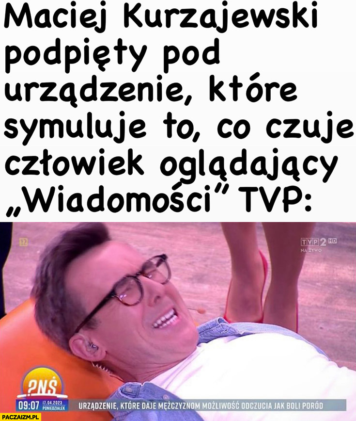 Maciej Kurzajewski podpięty pod urządzenie które symuluje to co czuje czlowiek oglądający wiadomości TVP