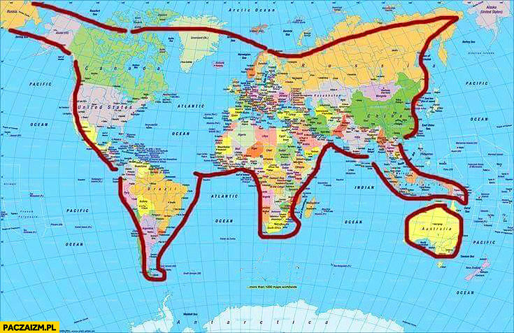 Mapa świata kontynenty jak kot bawiący się piłką kłębkiem kształt sylwetka