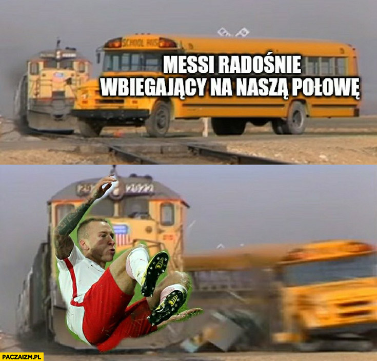 Messi radośnie wbiegający na nasza połowę, Jacek Góralski wjeżdża jak pociąg w autobus