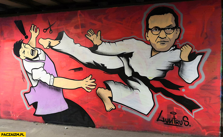Morawiecki karate kopie prywaciarza fryzjera mural rysunek na murze poznan