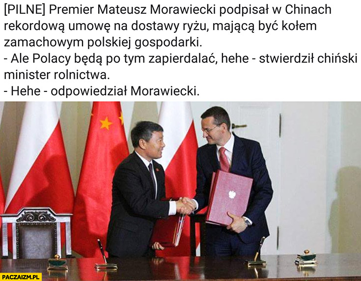 Morawiecki podpisał umowę na dostawę ryżu ale Polacy będą po tym zapierdzielać stwierdził chiński minister rolnictwa hehe odpowiedział Morawiecki