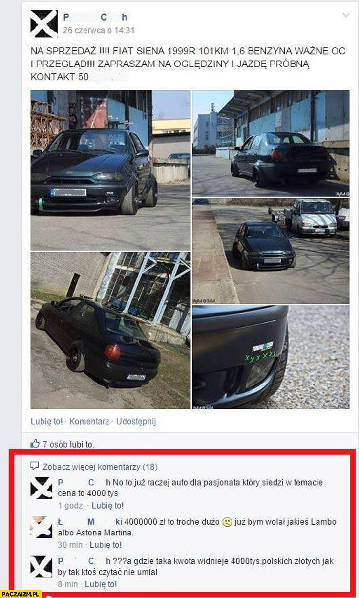Na sprzedaż Fiat Siena cena 4000 tys zł