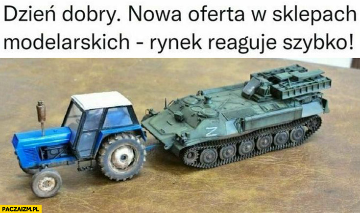 Nowa oferta w sklepach modelarskich Ukraiński traktor holuje rosyjski czołg pojazd opancerzony