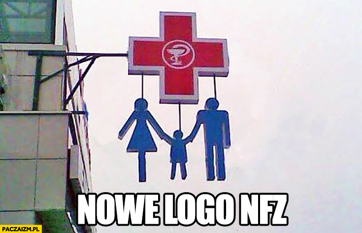 Nowe logo NFZ wisząca rodzina wisielce powieszeni
