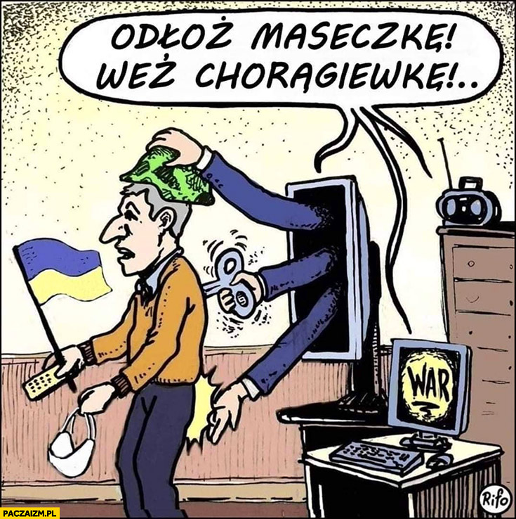 Odłóż maseczkę, weź chorągiewkę flagę Ukrainy przekaz z telewizji