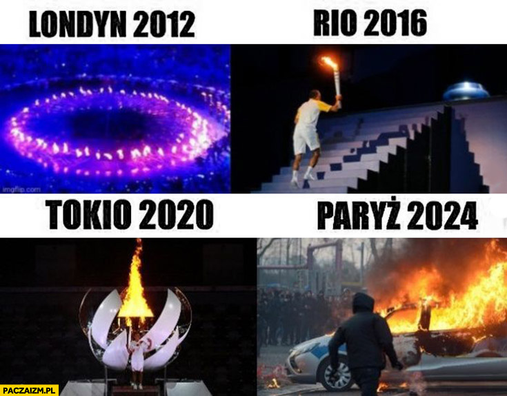 Olimpiada znicz Londyn 2012, Rio 2016, Tokio 2020, Paryż 2024 pożar samochodu na ulicy