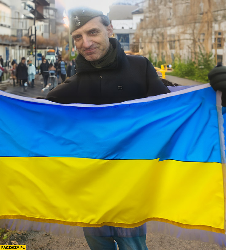 Olszański jaszczur trzyma flagę Ukrainy przeróbka photoshop