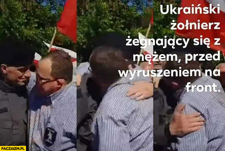 Olszański Ukraiński żołnierz żegnający się z mężem przed wyruszeniem na front