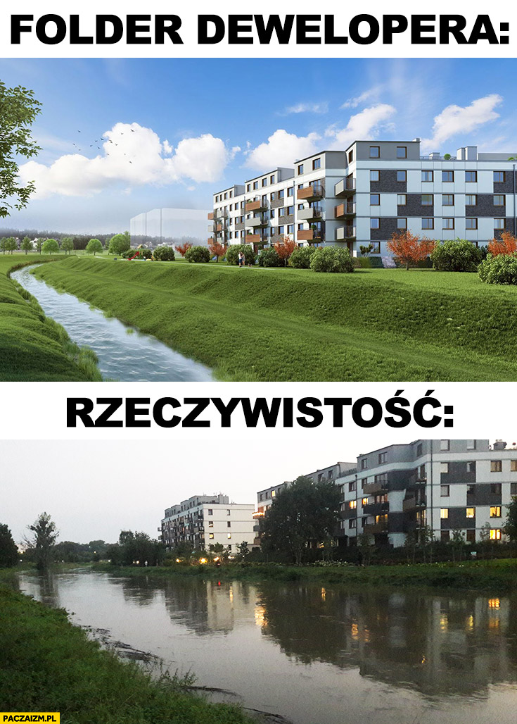 Osiedle w folderze dewelopera vs w rzeczywistości rzeka rzeczka tereny zalewowe