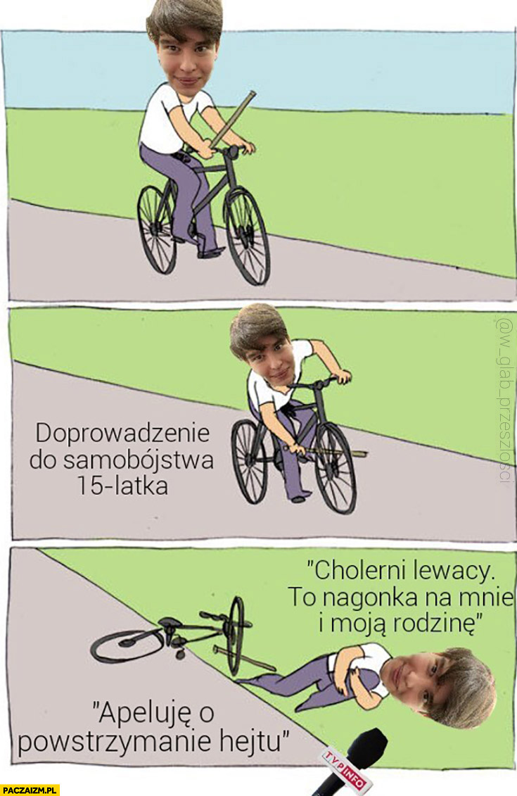 Oskar Szafarowicz jedzie na rowerze kij w szprychy apeluje o powstrzymanie hejtu